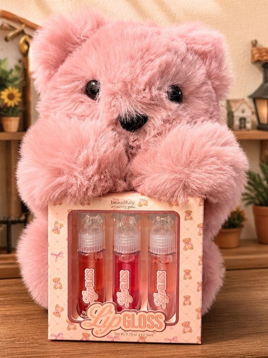 Crossbody Bag o Clutch (la que mejor se ajuste) Handbags - Pink Teddy Bear Plush Purse + 3 Lip Gloss Set